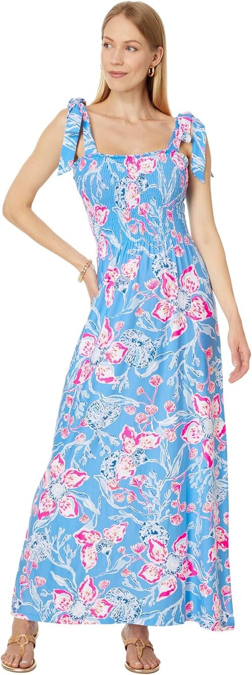 New Lilly Pulitzer Kailua Smocked Maxi Dress Blue Floral Smocked Tie Strap Sz XL